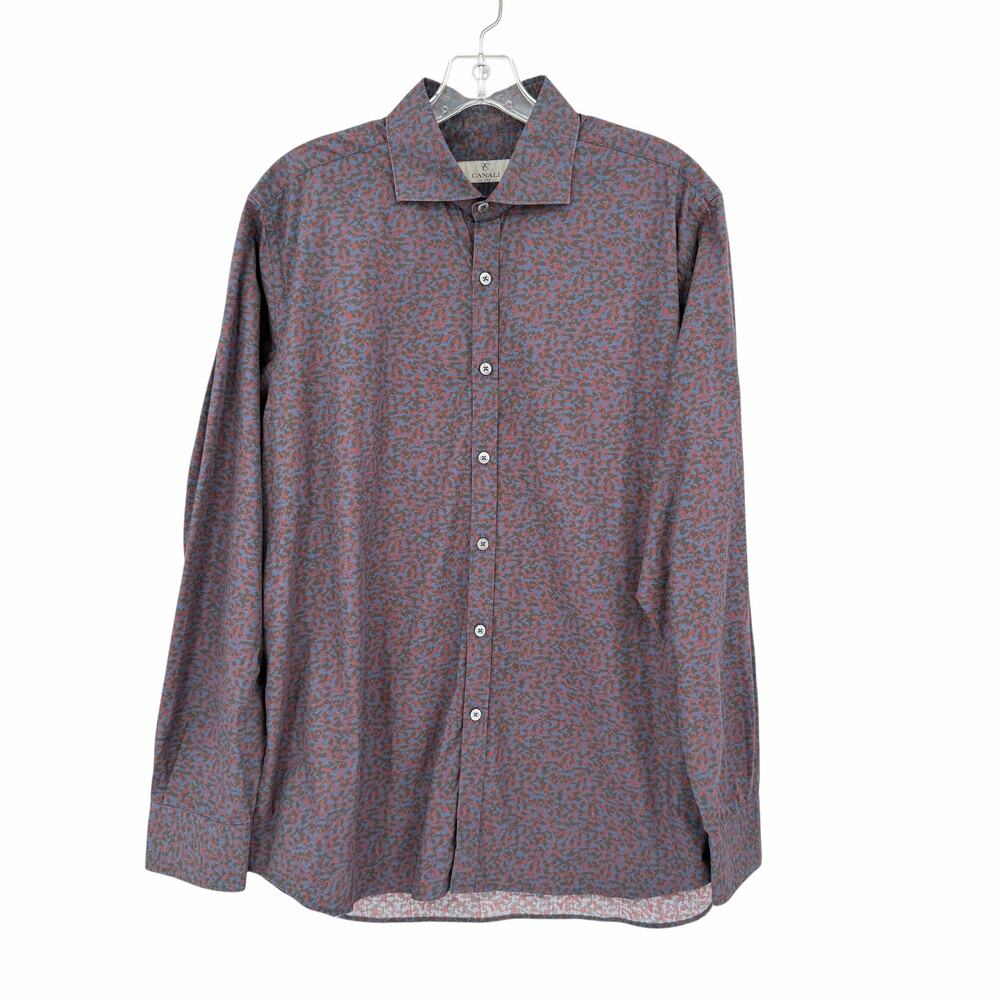 Canali Mens Red and Blue Camouflage Pattern Long Sleeve Button Up Dress Shirt